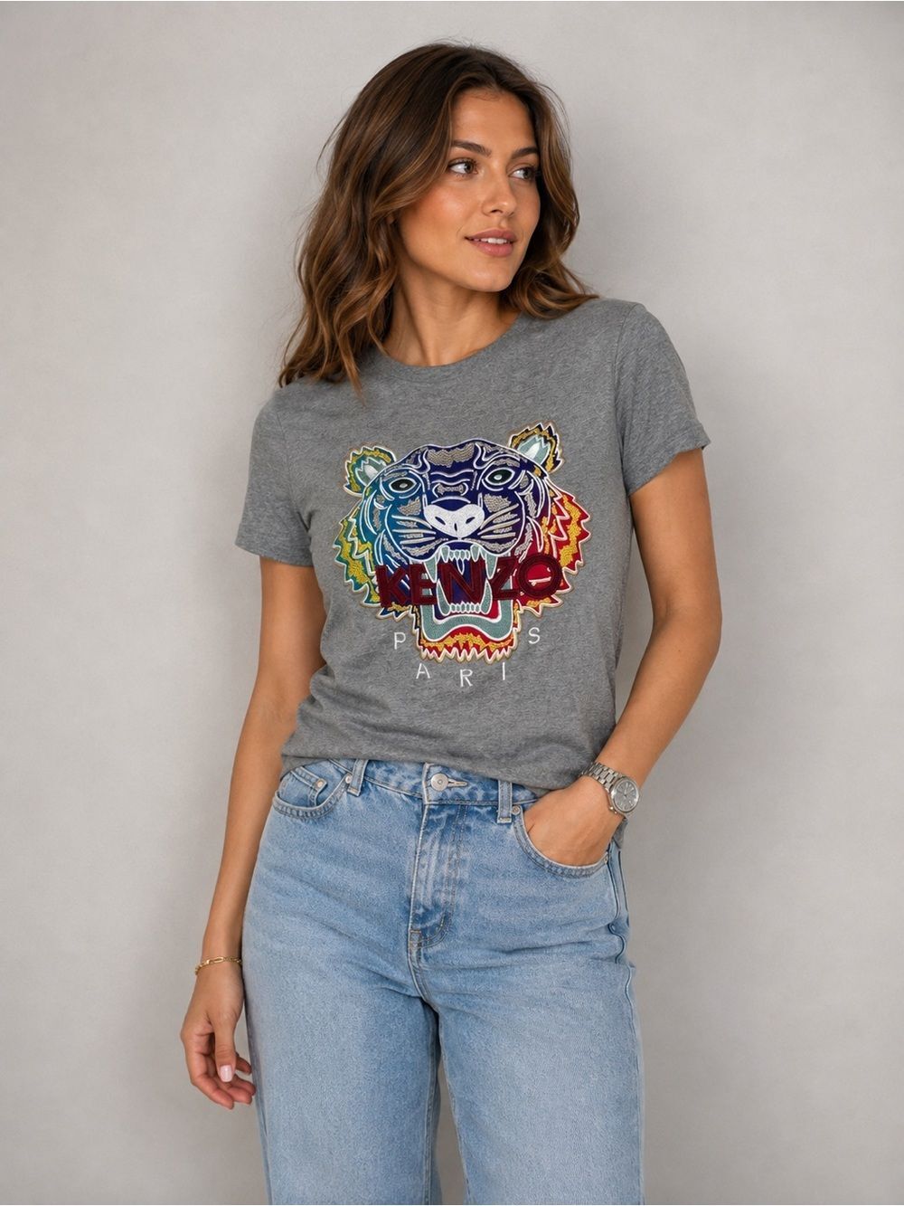 Kenzo Women’s Cotton Embroidered T-shirt Gray Size S